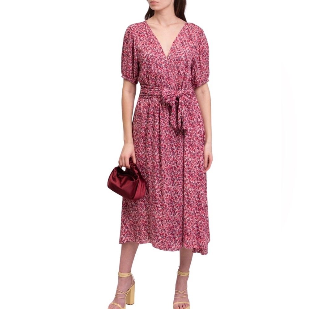 ba&sh Noemie Wrap Midi Dress Fuchsia Ditsy Print Short Sleeve Boho Resort Size 4
